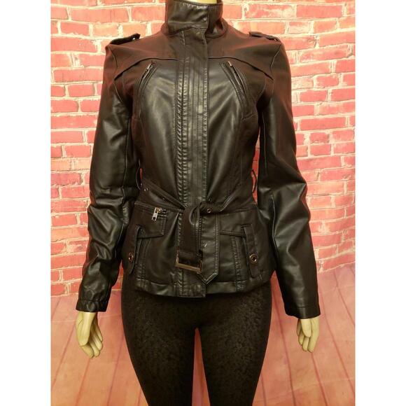 Lapis Size L Black Moto Women’s Jacket Zippered & Belted Vegan leather #C - Picture 8 of 11